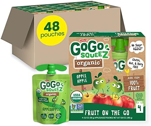 GoGo squeeZ Organic Fruit on the Go, Apple Apple, 3.2 oz. (48 Pouches) - Tasty Kids Applesauce Snacks Made from Organic Apples - Gluten Free Snacks For Kids - Nut & Dairy Free - Vegan Snacks