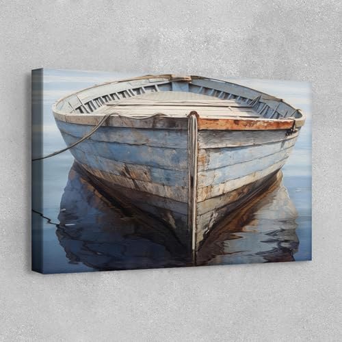 RileyCraftley Old Boat Canvas Wall Art – Rustic Coastal Decor for Bathroom or Lake House – Vintage Rowboat Print – Large Wall Art Housewarming Gift