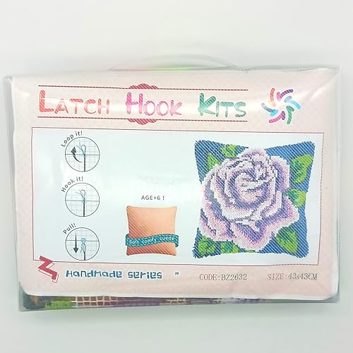 Image of Howie's Latch Hook Kit, DIY Purple Rose Pillow Crochet Yarn Kits for Adults, Color Preprinted Pattern Embroidery Sofa Cushion Cover (Purple Rose, 16.93 x 16.93 inch)