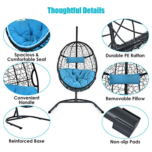 Giantex Hanging Egg Chair, 36.5-Width Oversized Swing Chair With C-Hammock Stand Set, Hammock Chair With Soft Seat Cushion & Pillow, Multifunctional Hanging Chairs For Outdoor Indoor Bedroom (Blue) #TOP3