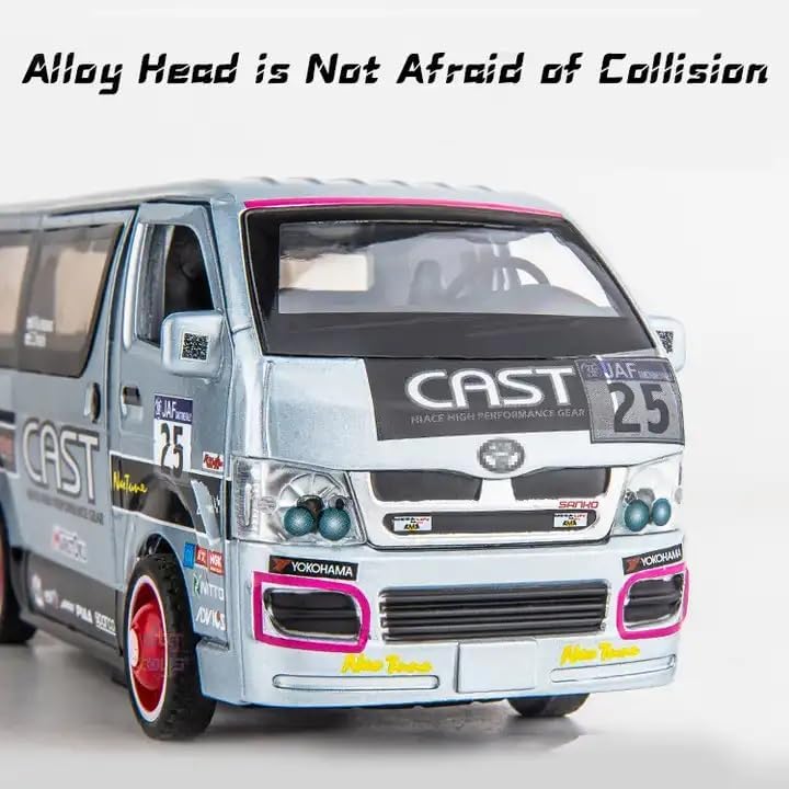 Image of 1:32 Scale Hiace Racing School Van Toy Car | Metal Pullback Diecast Car for Kids with Openable Doors, Sound, Light Effects Toy for Car Enthusiasts (Color As Per Available), White