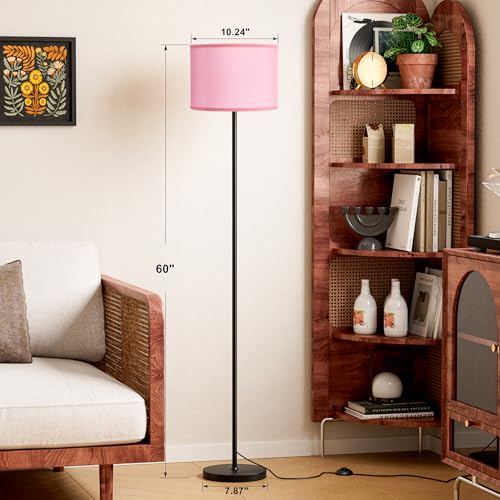 Image of Ambimall 60'' Modern Floor Lamp with Shade, Tall Lamps for Living Room, Bedroom, Office, Dining Room, Pink Shade with Black Pole(Without Bulb)