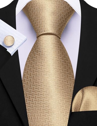 Image of Barry.Wang Tie Sets for Men Silk Stripe Necktie Woven Checkered Handkerchief Cufflinks Formal Business Wedding