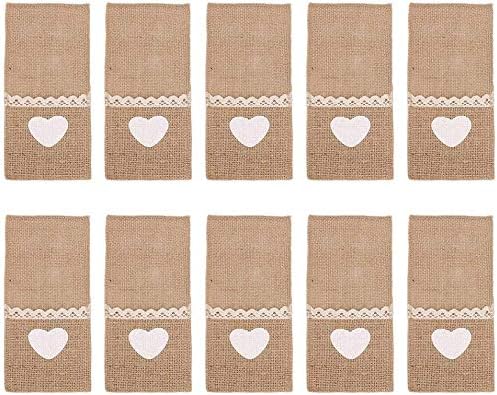 10Pcs Burlap Cutlery Holder, Natural Hessian Burlap Lace Utensil Holders Knifes Forks Bag for Rustic Wedding Christmas Party Table Setting Decorations 23x10cm