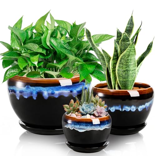 AVLA 3 Pack Ceramic Flower Pots, Gardening Drip Glazed Planter, Plant Pot with Drainage Hole and Saucer, 7/5/4 Inch Rustic Houseplant Container for Succulent Herbs Cactus Orchid, Home Indoor Outdoor