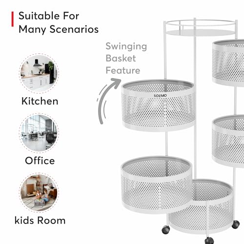 Image of Amazon Brand - Solimo 360 Revolving Preassembled Portable 5 Layer Round Multipurpose Storage Kitchen Rack Carbon Steel Fruit Vegetable & Spice Trolley with Wheels for Kitchen Organizer(Matte, White)