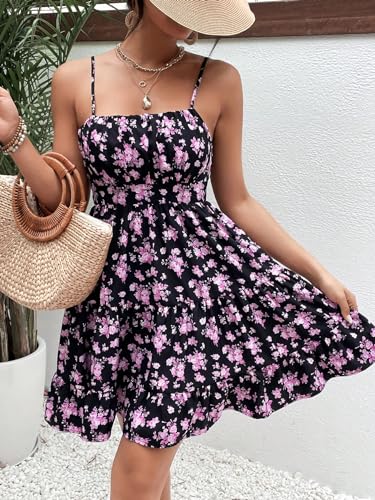 Image of Verdusa Women's Floral Print Dress Cute Summer Mini Dresses Ruched Sleeveless Ruffle Hem A Line Cami Sundress