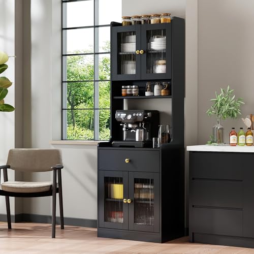 Image of 23.6 inch W Walnut Kitchen Pantry Hutch - Freestanding Storage Cabinet 2 Cabinets 1 Drawer with Microwave Stand for Kitchen Coffee Bar (Black 23 inch W)