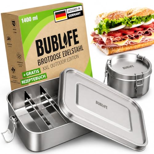 Bublife Brotdose Edelstahl mit Fächern Lunchbox inkl. kleine runde Dose - 1400ml - Kinder...