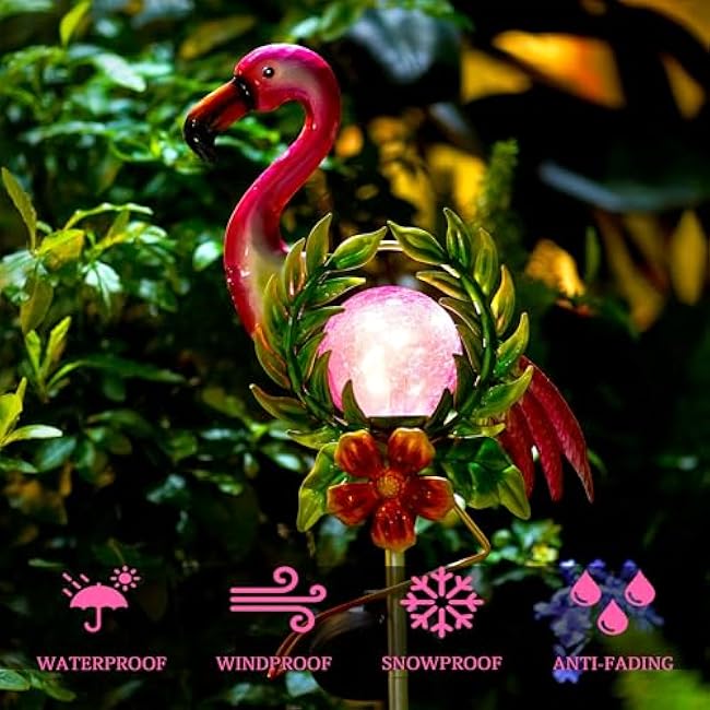 Solar Garden Light for Garden Decoration, 40.9 Inch Flamingo Solar Stake with Cracked Glass Puck Light for Outside Patio Pathway Yard Decoration(Flamingo)