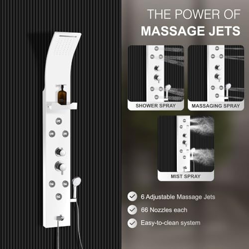 Image of Jaaz Hydra Aluminum Shower Panel for Bathroom Full Set with Rain & Waterfall Overhead Shower, 6-Body Jets, 5-Function Mixer & Diverter, Shampoo Rack, Hand Shower & Tub Spout (1, White)