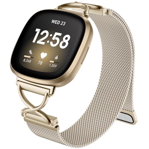 Charlam Metallarmband Kompatibel mit Fitbit Versa 4 Armband Versa 3 Armbänder für Damen Magnetisch Verstellbares Edelstahl Ersatzarmband für Fitbit Sense Sense 2 Armband ChampagnerGold
