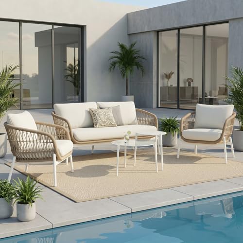 Image of Amazon Brand - Solimo Outdoor 4 Seater Sofa Set | Balcony Sofa | Patio Furniture Sets | Conversation Sets | Braid & Rope Garden 4 Seater Sofa Set with Center Table (Beige)