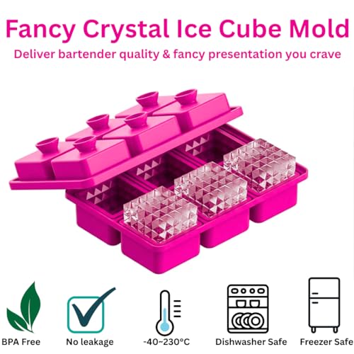 Image of Premium Large 3D Crystal Square Ice Cube Tray, Silicone Molds for Chilling Drinks, Chocolates, Juice, Jelly and Many More (Magenta)
