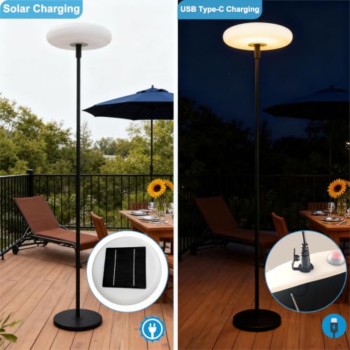 Image of Lightdot Solar Outdoor Floor Lamp for Patio, Waterproof USB Rechargeable Cordless Floor Lamp with 3 Brightness Modes,Height Adjustable(Max 74IN),Warm White 3000k Standing Solar Lights for Yard Garden