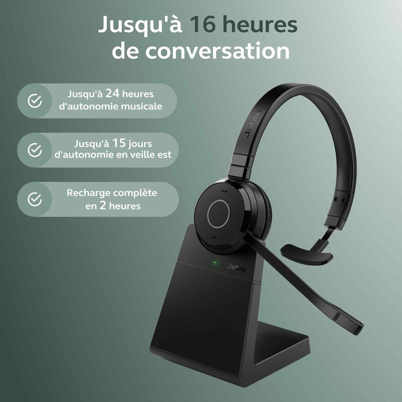 Jabra Evolve 65 Te (3e Éd. 2025) Micro-Casque Mono Bluetooth, connecte 2 appareils, 16 h d’autonomie, Micro antibruit, Adaptateur USB-A, Compatible avec Les applis de réunion, Base de Charge, Noir