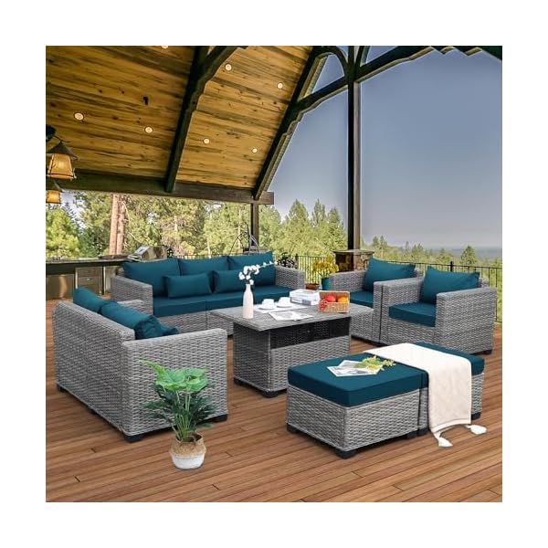 Patio Furniture Set, 7 Pieces Outdoor Sectional Sofa Set with Storage Table, PE Wicker Rattan Slanted Back Outdoor Conversation Set