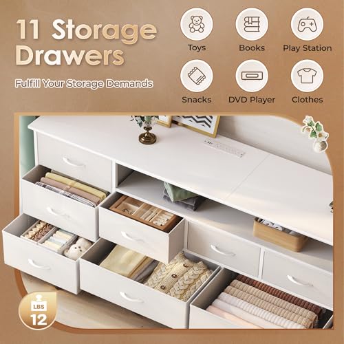 Huuger 70 Inch TV Stand for 75, 80 Inch TV, 11 Drawer Long Dresser with Power Outlets and LED Lights, Entertainment Center with Storage, White Dresser with PU Leather Surface