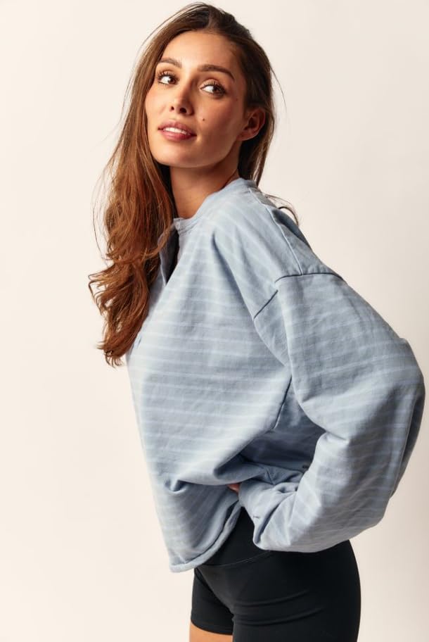 Image of Almere Oversized Cotton Henley Longsleeve Tee, Striped Button Down, Boyfriend Fit