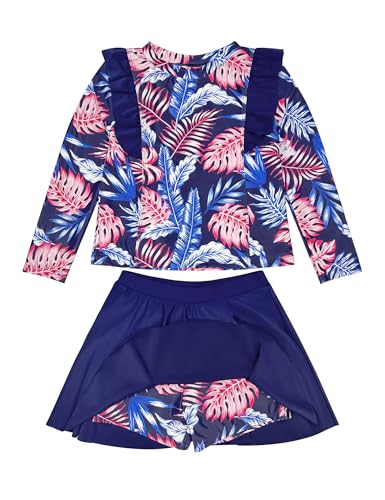 Image of Girls Rash Guard Swimsuit Set Long Sleeve 2 Pieces Bathing Suit Swimming Skirt with Shorts 4-13Y