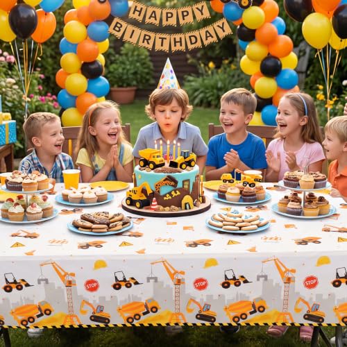Image of 3 Pack Plastic Construction Tablecloths, Disposable Birthday Tablecloth | 54 x 108 Inch Waterproof Rectangle Truck Excavator Table Covers for Kids Boy Birthday Party Decorations