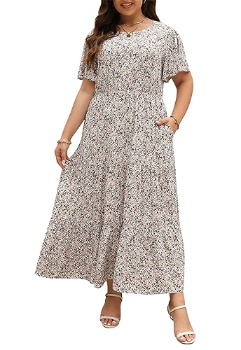 Nemidor Plus Size Maxi Dresses for Curvy Women Summer Casual Boho Ditsy  Floral Print Layered Flared Long Dress with Pocket(304,14,Beige Flower) at  Amazon Women's Clothing store