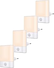 Night Light Socket with Motion Sensor, Pack of 4 LED Night Light with Adjustable Brightness, 3 Modes (Auto/On/Off) for Children's Room, Stairs, Hallway, Bedroom, Bathroom, Warm White