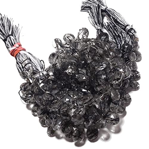LKBEADS Black Rutilated Quartz Pear Beads, AAA Rutile Quartz Faceted Briolette Beads, Huge 9x14mm To 7x10mm Each, 4 Inch