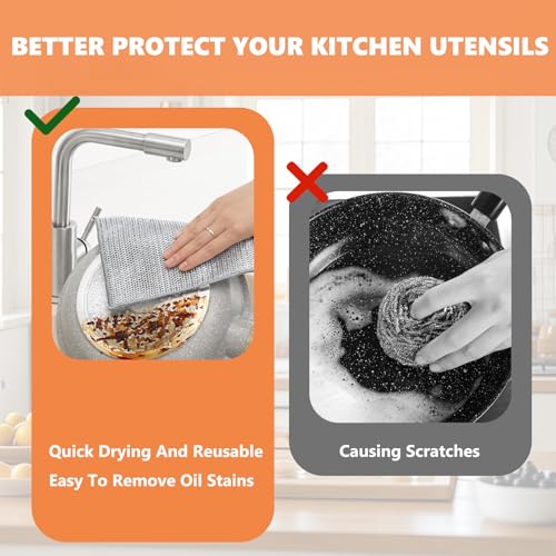 6 Pezzi Strofinacci multiuso in filo,antigraffio Spugnette Piatti,Scratchy-Wipes Riutilizzabili,Filo Metallico,20x20cm,Per La Pulizia Di Stoviglie,Piani Di Lavoro(Doppio Strato) - immagine 6