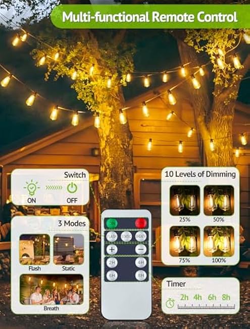48FT Solar String Lights Outdoor with Remote, Waterproof Dimmable Patio Lights with 15+1 LED ST38 Bulbs 3 Modes Hanging Lighting for Backyard
