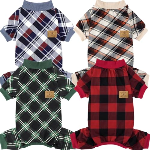 XPUDAC 4 Pack Dog Pajamas for Small Dogs Cats Plaid Doggie Clothes Puppy Onesies Christmas Pajamas Jumpsuits Pet Pjs Shirt Apparel Large, Red Green Beige Grey