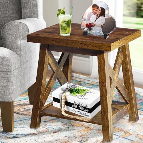 FANTERSI Rustic End Table, Farmhouse Side Table with Storage Shelf,