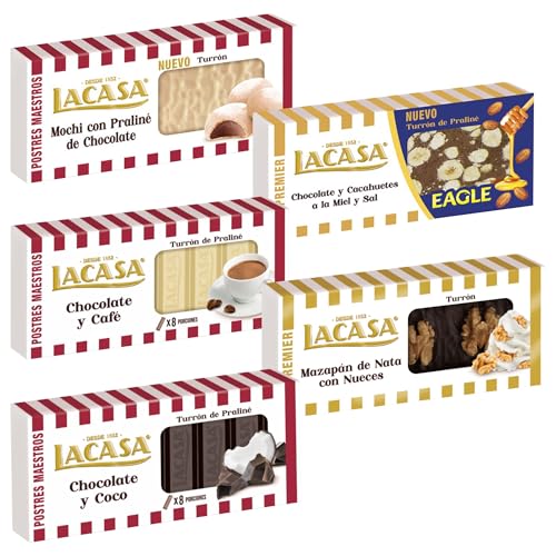 Pack Surtido 5 Turrones Lacasa:Mazapán de Nata con Nueces, Cacao y Café, Chocolate y Coco, Mochi con Praliné de Chocolate,Cacahuete Eagle