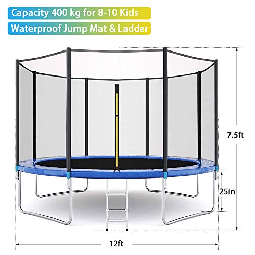 Eicaus 12 FT Trampoline with Safety Enclosure Net for Kids and Adults, Capacity 400 kg, Waterproof Jump Mat, Ladder