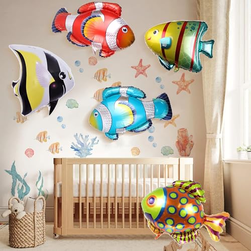 Image of 5 Pcs Fish Balloons, Large Tropical Clownfish Foil Balloon | Inflatable Under the Sea Animal Creature Balloons for Baby Shower Kids Birthday Ocean Themed Party Decorations