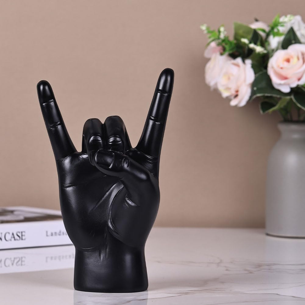QIANLING 7.7" Black Resin Rock On Hand Gesture Statue - Rock Culture Music Lovers' Decorative Tabletop Sculpture for Bookshelf, Desk & Mantel Decor in Home or Office, Modern Symbolic Figurine - Image 3