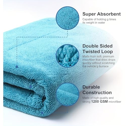 Image of RAMNATH 1200 GSM Premium Microfiber Car Cleaning Cloth 60x40cm | Ultra Absorbent Twisted Loop Drying Towel | Lint-Free & Scratch-Free Car Drying Cloth for Detailing, Polishing & Washing