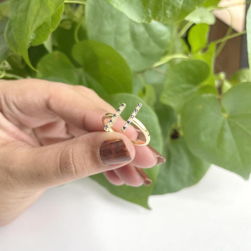 Miniatura 7 de Alternate Blue Sapphire & White Diamond Open T Bar Ring For Women, 14k Yellow Gold Finish Blue Sapphire Open Bar Ring, Stackable Double Bar Ring