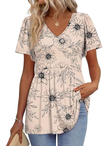 Image of OFEEFAN Womens Summer Tops Babydoll Short Sleeve Shirts Puff Sleeve Peplum Tops V Neck T Shirts