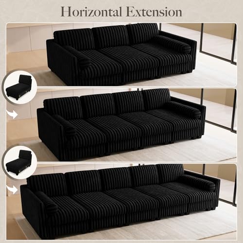 Image of Belffin Modular Sectional Sleeper Sofa Bed with Extendable Length Corduroy Couch Deep Seat Cloud Couch for Living Room. Black Convertible Sectional Sofa Bed