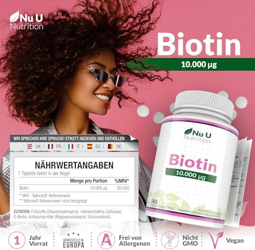 Biotin hochdosiert 10.000 mcg - 365 Vegane Tabletten - Für Haarwuchs, Haut & Nägel - Volle Jahresversorgung - Nahrungsergänzungsmittel von Nu U Nutrition