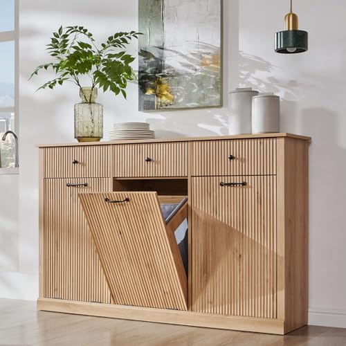 Image of IFBUY Triple Tilt Out Laundry Hamper Cabinet, Modern Fluted Trash Can Cabinet with 3 Drawers, 20 Gallon Hidden Garbage Can Cabinet w /Laundry Basket & Adjustable shelf for Bathroom,Kitchen, Natural Oak