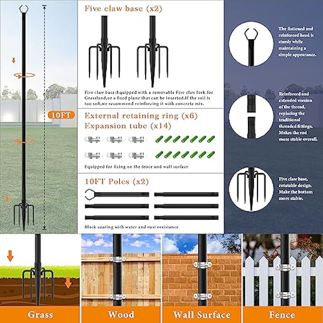 2 Pack String Light Poles,10 Ft Light Poles for Outside String Lights,Outdoor Lights Pole with Fork,Metal Poles Stand for Patio Deck Backyard