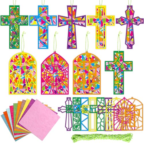 ceiba tree Religious Cross Suncatcher Crafts Kit Sunday School DIY Paper Craft Window Stained Glass Tissue Paper Art Projects Decoration for Kids Classroom Party Supplies VBS