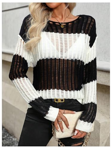 SweatyRocks Women's Hollow Out Pullover Sweater Off The Shoulder Long Sleeve Crochet Sweaters Color Block Tops4