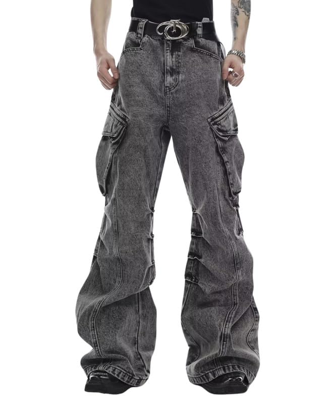 LafaguwMens Cargo Pants Ripped Baggy Jeans Y2K Elastic Waist Straight Leg Pants 90S Vintage Streetwear Grunge Clothes.