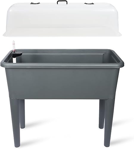 Dexceder Cama de jardín elevada de riego automático de 13.2 galones con tapa transparente de ventilación, invernadero profundo para verduras, maceta