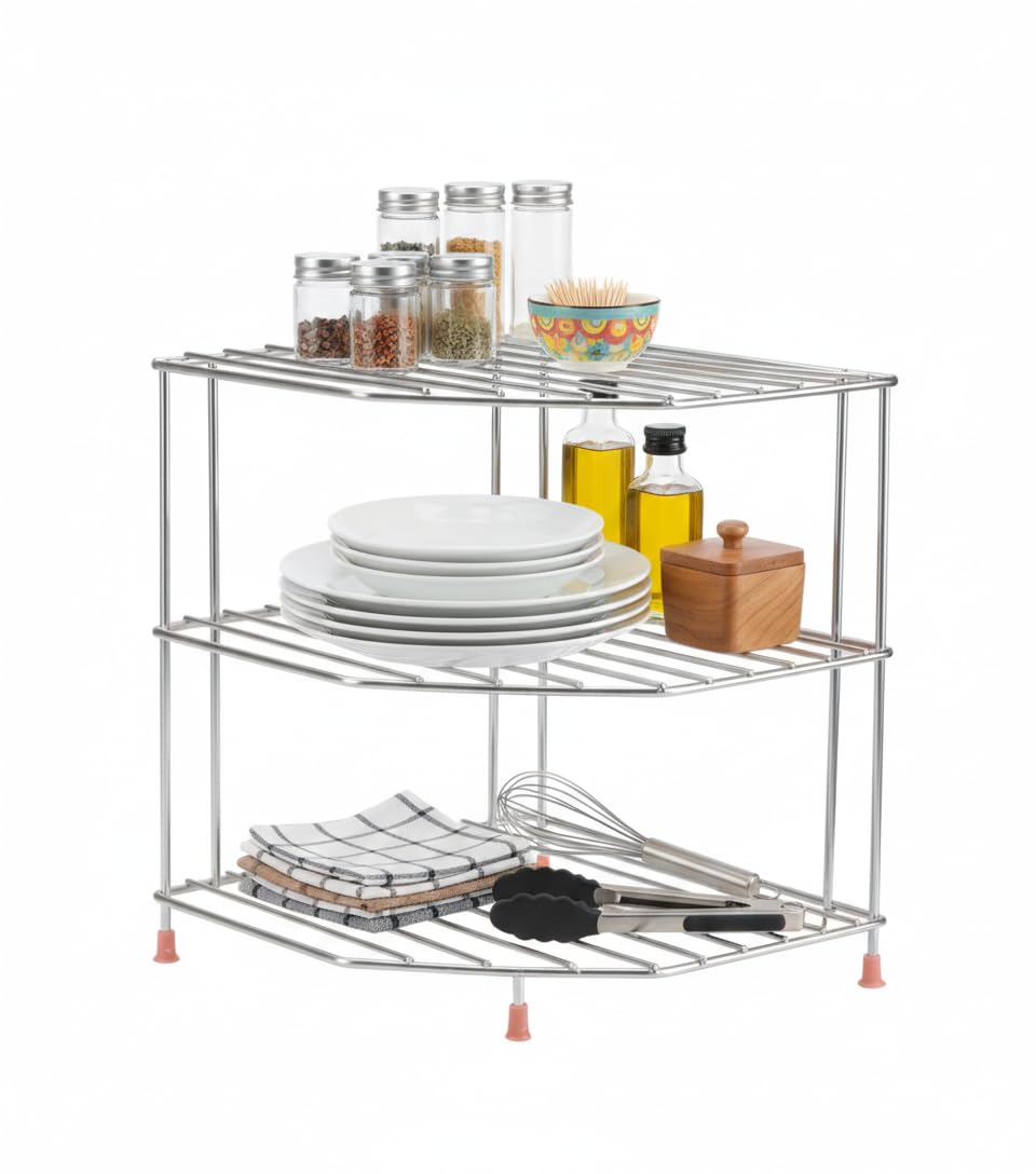 VIREQUE Stainless Steel 3-Tier Storage Shelf Rack, Dish Stand for Kitchen, Corner for Kitchen, Plates Bowls and Cups Rack, Countertop