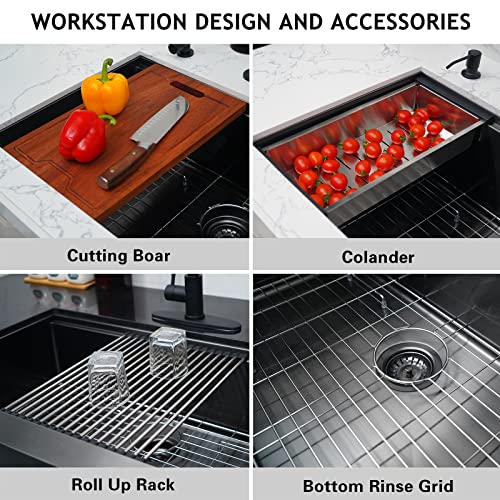 Farmhouse Kitchen Sink 33 Inch, Pepo Black Stainless Steel Workstation Apron Sink 16 Gauge Single Bowl Farm House Sink With Accessories #TOP3