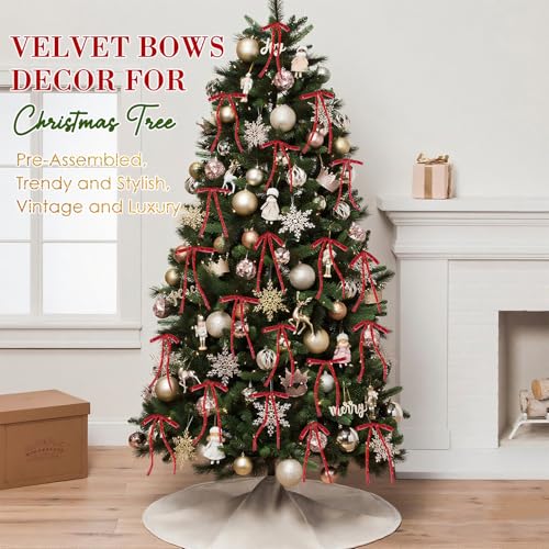 Image of 24 PCS Velvet Bows Christmas Ornaments Decorations, Sparkly Glittery Red Velvet Bows Ornaments for Christmas Tree, Unique Vintage Xmas Home Holiday Decor for Tree Mantle Wreath Gift Wrap